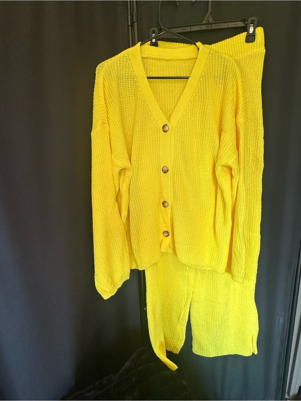 Lemon Yellow Knit Sweater Set Wide Leg Pants 2 Piece Women’s Medium